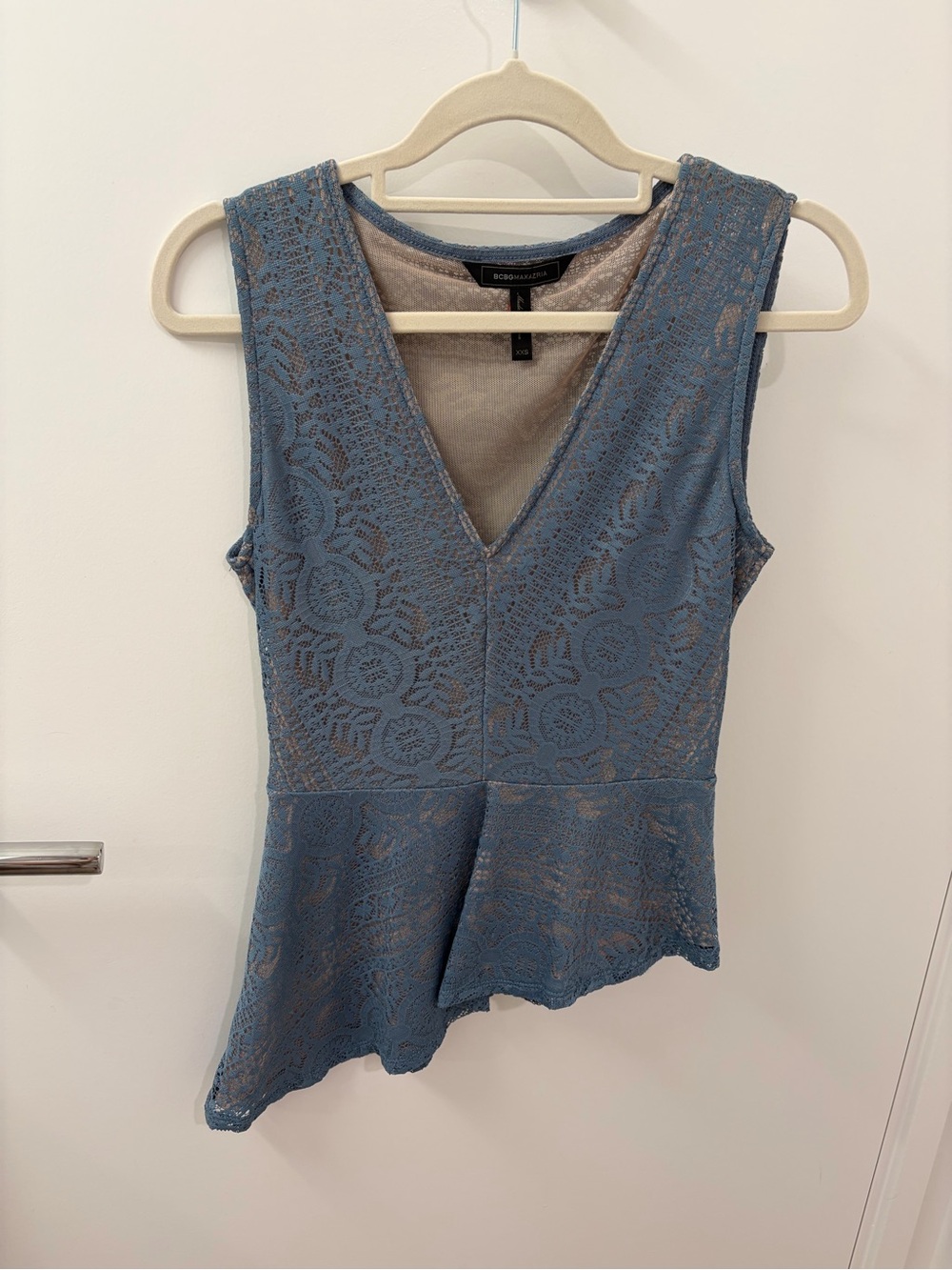 BCBGMaxAzria Blue Lace Peplum V-Neck Top
